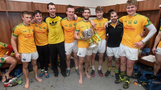 John Sugrue pictured with his fellow Renard club-men including Killian Young (holding Cup) after managing South Kerry to the 2015 Kerry SFC title. 