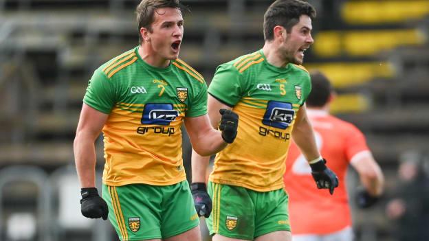 Peadar Mogan celebrates with Donegal team-mate Ryan McHugh, right, after scoring a goal during the Ulster GAA Football Senior Championship Semi-Final match between Donegal and Armagh at Kingspan Breffni in Cavan. 