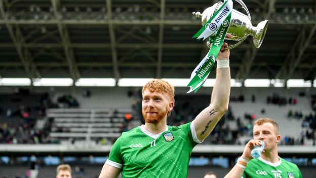 Limerick captain Cian Lynch lifts the cup after the 2023 Allianz Hurling League Final match between Kilkenny and Limerick at Páirc Ui Chaoimh in Cork. Photo by Eóin Noonan/Sportsfile