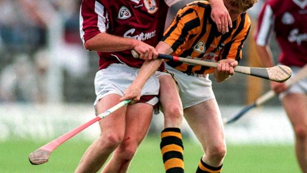 Finbar Gantley of Galway in action against John Power of Kilkenny during the 1997 GAA All-Ireland Senior Hurling Championship Quarter-Final match between Kilkenny and Galway at Semple Stadium in Thurles, Tipperary. 