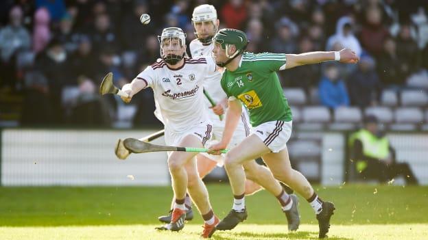 Darren Morrissey, Galway, and Darragh Clinton, Westmeath, in Allianz Hurling League action at Pearse Stadium.