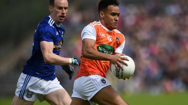 Jemar Hall, Armagh, and Martin Reilly, Cavan, during the Ulster SFC Semi-Final replay at St Tiernach's Park.