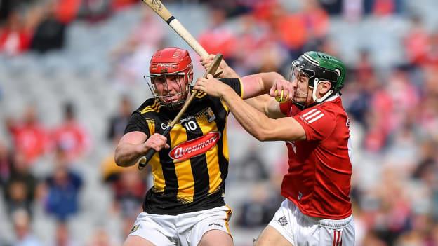 Adrian Mullen of Kilkenny is tackled by Mark Coleman of Cork during the 2021 GAA Hurling All-Ireland Senior Championship semi-final match between Kilkenny and Cork at Croke Park in Dublin. 