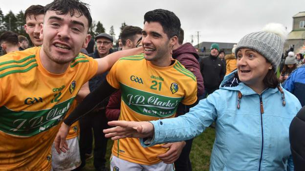 Dean McGovern and Emlyn Mulligan celebrating following Leitrim's win over London on Sunday.