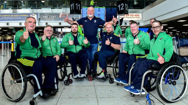 Sponor Martin Donnelly with members of the Irish Wheelchair Hurling team from left Patrick Tobin, Sean Bennett and Lorcan Madden all from Laois, Peadar Heffron from Antrim, captain Pat Carty from Sligo and Gary O'Halloran from Co Limerick before the team's departure from Dublin Airport in advance of the ParaGamesBreda 2019 in Breda, Netherlands. 