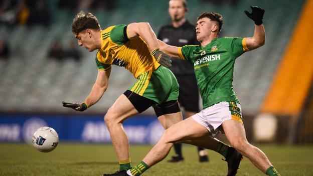 Hugh McFadden, Donegal, and Darragh Campion, Meath in Allianz Football League Division Two action.