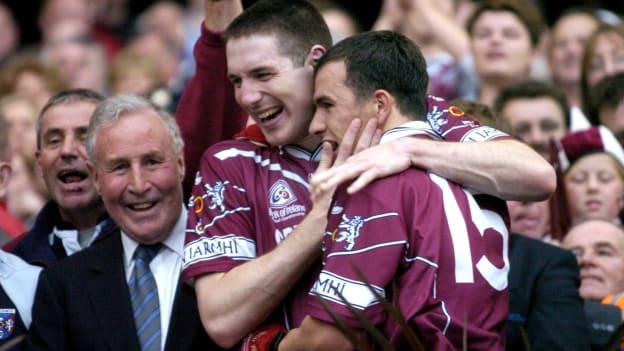 Westmeath players David O'Shaughnessy and Dessie Dolan celebrate after victory over Laois in the 2004 Leinster SFC Final replay. 