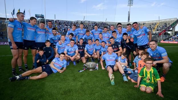 Dublin players celebrate with the Delaney Cup after the Leinster GAA Football Senior Championship Final match between Dublin and Kildare at Croke Park in Dublin.
