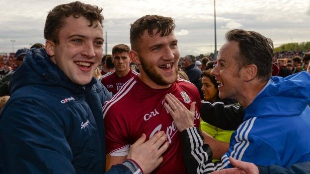 Damien Comer is congratulated by his brother Jason (left) after helping Galway defeat Mayo in the 2018 Connacht SFC Quarter-Final. 