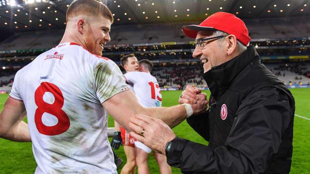 Tyrone manager Mickey Harte celebrates with Cathal McShane following the Allianz Football League Division 1 Round 6 match between Dublin and Tyrone at Croke Park in Dublin. 
