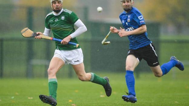 Shane Nolan of Ireland in action against Rory Kennedy of Scotland during the Senior Hurling Shinty International 2019 match between Ireland and Scotland at the GAA National Games Development Centre in Abbotstown, Dublin. 