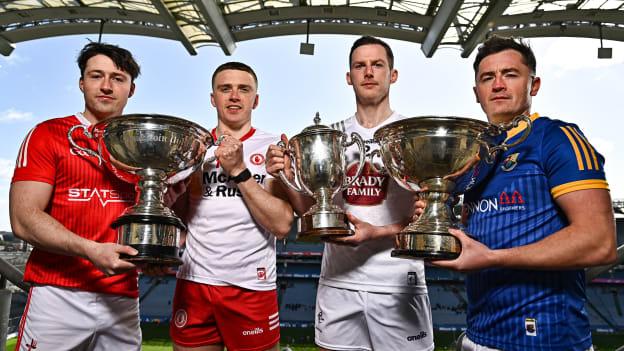 Feidhelm Joyce, Louth, Lorcan Delvin, Tyrone, Niall Ó Muineacháin, Kildare, and John Casey, Longford, pictured at the launch of the McDonagh, Ring, Rackard, and Meagher Cups at Croke Park. Photo by Sam Barnes/Sportsfile