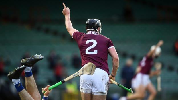 Aidan Harte of Galway celebrates after scoring his side's third goal during the GAA Hurling All-Ireland Senior Championship Quarter-Final match between Galway and Tipperary at LIT Gaelic Grounds in Limerick. 