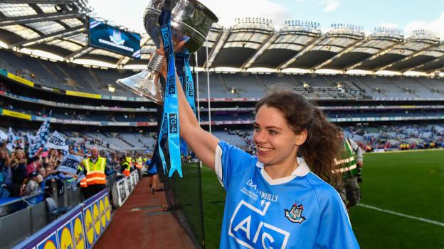 Noelle Healy celebrates with the Brendan Martin Cup following the TG4 All-Ireland Ladies Football Senior Championship Final match between Cork and Dublin at Croke Park, Dublin. 