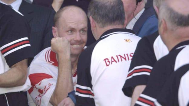 Tyrone captain, Peter Canavan, celebrates with Tyrone manager, Mickey Harte, after victory over Armagh in the 2003 All-Ireland SFC Final. 