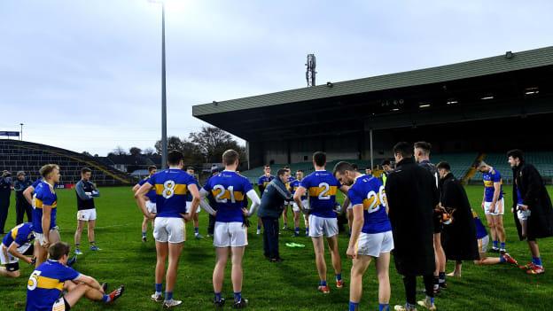 Tipperary manager David Power talks to his panel following the dramatic Munster SFC semi-final win over Limerick at the LIT Gaelic Grounds.