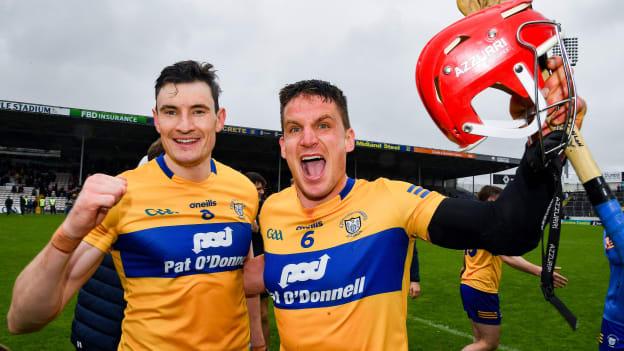 David Fitzgerald and team-mate John Conlon of Clare celebrate after the Munster GAA Hurling Senior Championship Round 3 match between Cork and Clare at FBD Semple Stadium in Thurles, Tipperary. 