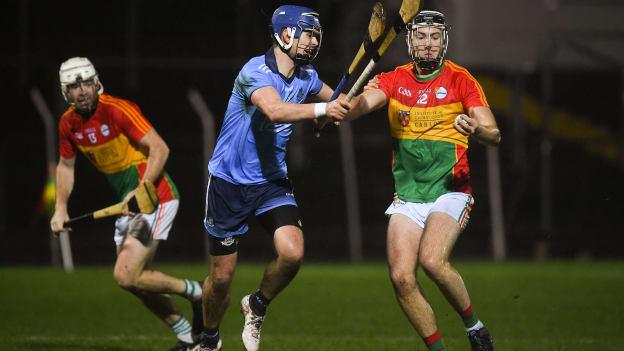Jack Murphy, Carlow, and Sean Moran, Dublin, during the Bord Na Mona Walsh Cup clash at Netwatch Cullen Park.