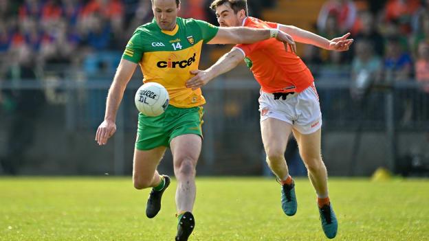 Michael Murphy, Donegal, and Andrew Murnin, Armagh, in Allianz Football League action.
