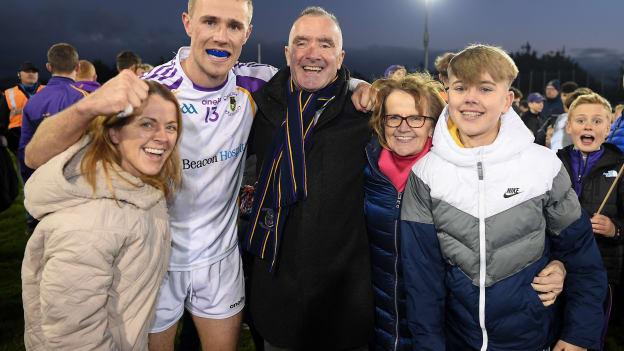 Man of the Match Paul Mannion of Kilmacud Crokes with his dad Tommy, his aunt Sarah, and his cousins Ciara and Oisín after the Go Ahead Dublin County Senior Club Football Championship Final match between St Jude's and Kilmacud Crokes at Parnell Park in Dublin.