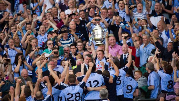 Dublin captain Johnny McCaffrey lifts the Bob O'Keeffe Cup after victory over Galway in the 2013 Leinster SHC Final. 