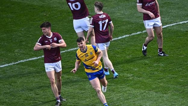 Diarmuid Murtagh of Roscommon celebrates scoring a vital goal, as Galway players, from left, Seán Kelly, Matthew Tierney, Johnny McGrath and Liam Silke react during the Allianz Football League Division 2 Final match between Roscommon and Galway at Croke Park in Dublin. 