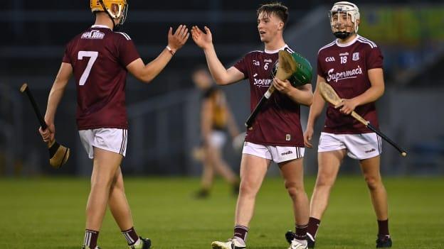 Nathan Gill, Diarmuid Davoren and Conor Headd celebrate at Semple Stadium following Galway's win over Kilkenny.