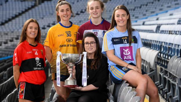 In attendance at the 2020 Gourmet Food Parlour O’Connor Cup Captain's Day is Ciara Rowe, Brand Marketing Manager, with, O’Connor Cup Semi-Finalists, from left, Emma Spillane, UCC, Hannah Hegarty, DCU, Shauna Howley, UL, Lucy McCartan, UCD, at Croke Park in Dublin. 
