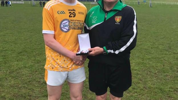 Antrim's Ciaran Magill pictured with his Best and Fairest Award after victory over Fermanagh in Group H of the BOI Celtic Challenge. 