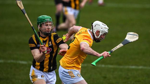 Paddy Burke, Antrim, and Martin Keoghan, Kilkenny, in Allianz Hurling League action at Corrigan Park. Photo by Ramsey Cardy/Sportsfile