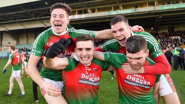 Kilcummin players from left, Pádraig Nagle, Matt Keane, Ian Devine and Kevin McCarthy celebrate following victory over Two Mile House in the AIB GAA Football All-Ireland Intermediate Championship semi-final.