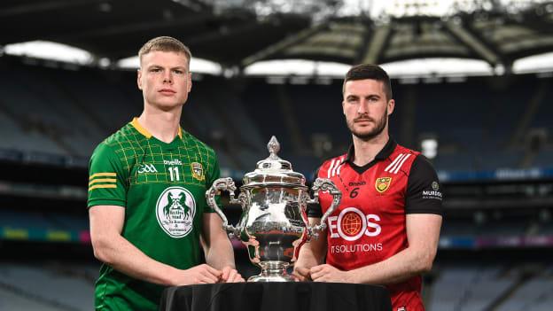 Matthew Costello of Meath, left, and Niall McParland of Down during the Tailteann Cup launch at Croke Park in Dublin. Photo by David Fitzgerald/Sportsfile