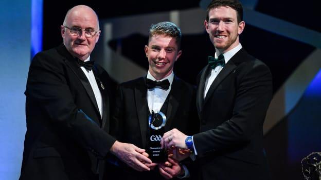 Sligo hurler James Weir is presented with his Champion 15 award by Uachtarán Cumann Lúthchleas Gael John Horan, left, and GPA Chairman Seamus Hickey during the PwC All-Stars 2019 at the Convention Centre in Dublin. 