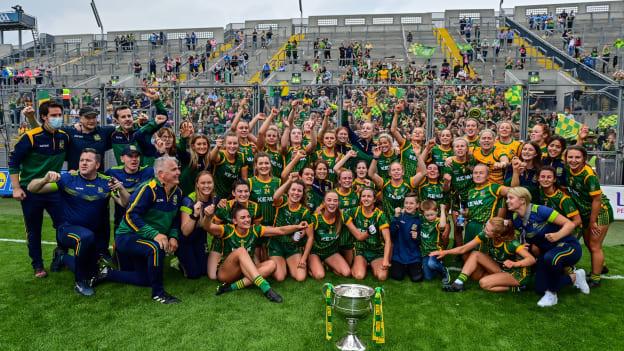 The Meath team celebrates after the TG4 All-Ireland Ladies Senior Football Championship Final match between Dublin and Meath at Croke Park in Dublin. 