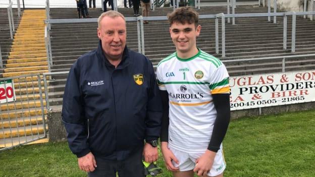 Offaly U-20 goalkeeper Mark Troy, pictured with his father Jim, who made 112 league and championship appearances across a 14-year intercounty career.