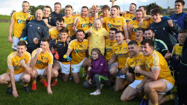 Antrim players celebrate victory after victory over Louth in Round 1 of the All-Ireland SFC Qualifiers. 