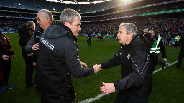 James Horan and Kerry manager Peter Keane following the Allianz Football League Final at Croke Park.