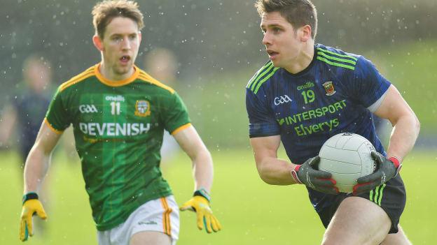 Lee Keegan, Mayo, and Bryan McMahon, Meath in Allianz Football League action at Pairc Taillteann.