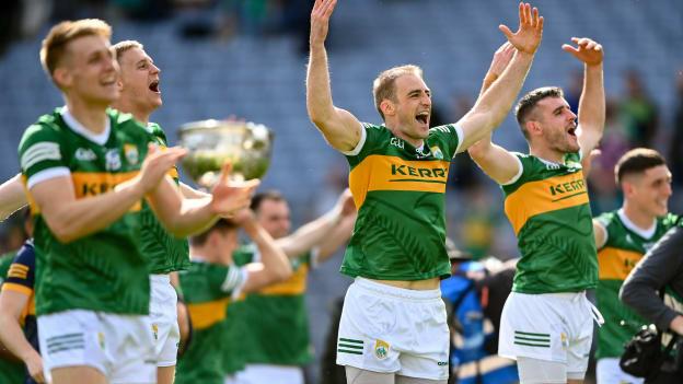 Stephen O'Brien of Kerry, second right, and teammates after their side's victory in the GAA Football All-Ireland Senior Championship Final match between Kerry and Galway at Croke Park in Dublin.