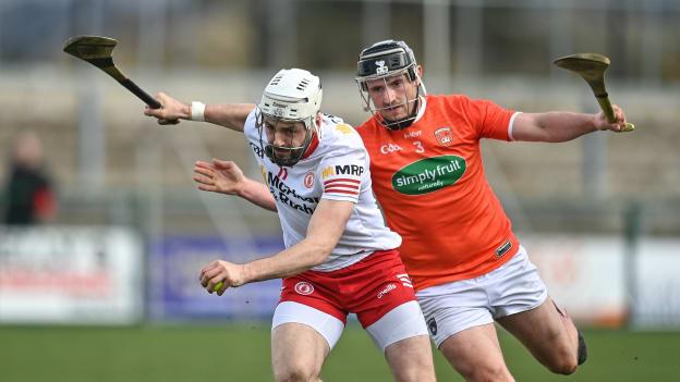 Damian Casey of Tyrone in action against Tiarnan Nevin of Armagh during the Allianz Hurling League Division 3A Final match between Tyrone and Armagh at Owenbeg.