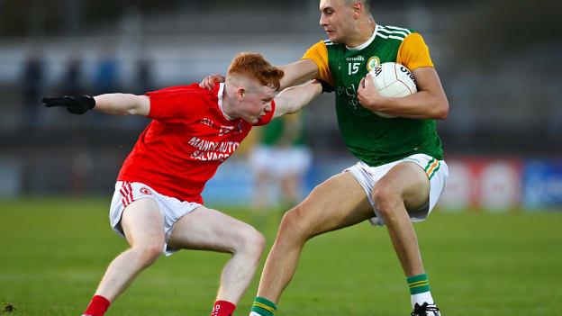 Paul Donaghy of Dungannon Thomas Clarkes in action against James Garrity of Trillick St. Macartan’s during the Tyrone County Senior Football Championship Final match between Trillick St. Macartan’s and Dungannon Thomas Clarkes at Healy Park in Omagh, Tyrone. 