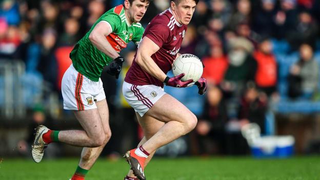 Galway captain Shane Walsh and Mayo's Brendan Harrison during the Connacht FBD League Semi-Final at Elverys MacHale Park.