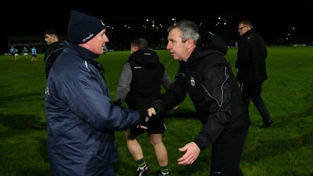 Jim Gavin and Peter Keane shake hands following a thrilling Allianz Football League encounter at Austin Stack Park in February.