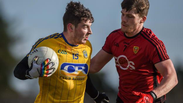 Cian McKeon, Roscommon, and Anthony Doherty, Down, in action at Dr Hyde Park.