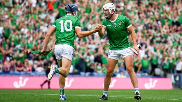 Aaron Gillane of Limerick celebrates with teammate David Reidy after scoring his side's second goal during the GAA Hurling All-Ireland Senior Championship semi-final match between Limerick and Galway at Croke Park in Dublin. Photo by John Sheridan/Sportsfile.