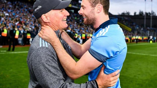 Jim Gavin and Jack McCaffrey celebrate after Dublin's 2019 All-Ireland SFC Final replay victory over Kerry. 