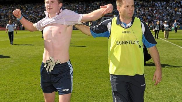 Jack McCaffrey is congratulated by then Dublin minor manager Dessie Farrell after their team's victory over Galway in the 2011 All-Ireland Minor Football semi-final. 