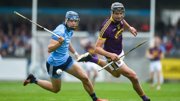 Jack O'Connor, Wexford, and Eoghan O'Donnell, Dublin, in action during the Leinster Senior Hurling Championship game at Parnell Park.