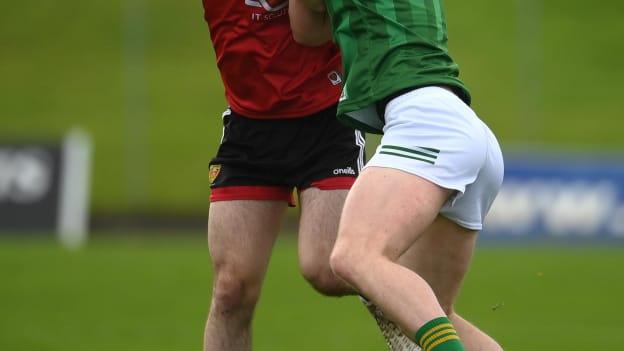 Peter Fegan, Down, and Thomas O'Reilly, Meath, in Allianz Football League Division Two action at Páirc Tailteann.
