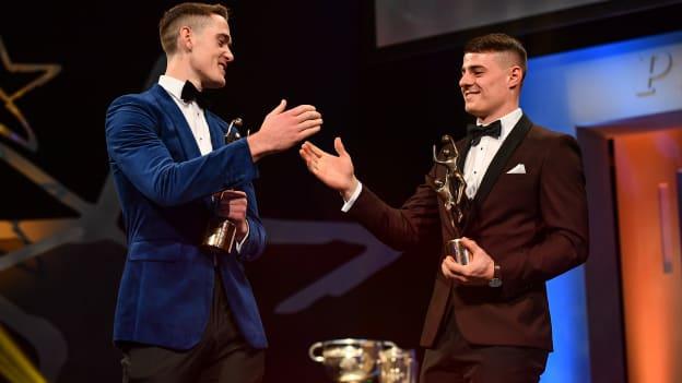 Dublin footballers Brian Fenton, left, and Brian Howard with their PwC All Star awards during the PwC All Stars 2018 at the Convention Centre in Dublin. 